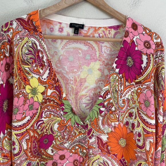 Talbots Woman Plus 2X Paisley Floral V Neck Button Up Cardigan Sweater Knit Top - Picture 8 of 9